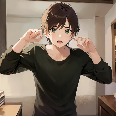 (looking away:1.5),upper body、Hands out in front、masterpiece、Highest quality、 BREAK (25-year-old male:1.5) and (Mahogany brown short hair) and (Green Eyes) BREAK,Black long sleeve shirt,confused,(open mouth:1.5), Background is bedroom at night