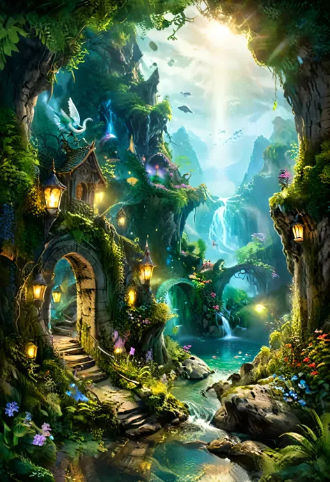 a hidden fantasy world with magical creatures,majestic landscapes,enchanted forests,sprawling mountains,mystical rivers,mythical...