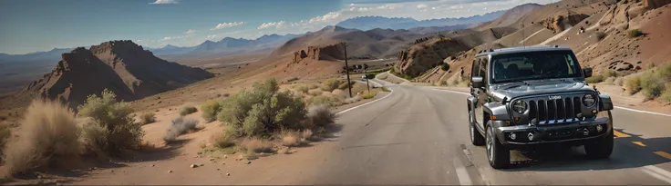 arafed jeep driving down a road in the mountains, jeep wrangler, jeep, moab, jeep in background, Off-road, Road trip, masterpiece, legendary masterpiece, Stunning images, Vehicle Photography, majestic masterpiece, Versatile, future jeep concept suv, Enviro...