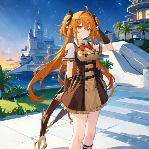 1girl, twintail hairstyle, long hair, wizard outfit, smile, sunset, orange sky