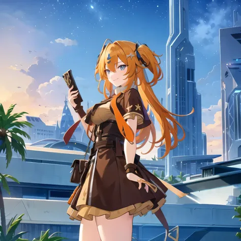 tower of fantasy, 1girl, twintail hairstyle, long hair, wizard outfit, smile, sunset, orange sky