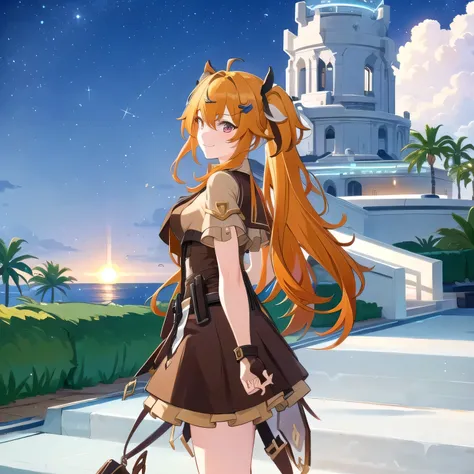 tower of fantasy, 1girl, twintail hairstyle, long hair, wizard outfit, smile, sunset, orange sky