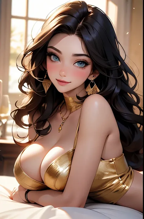 full body, extreme wavy hair, luxurious hair, lustful eyes, a knowing smile, aroused 25 years old, playfully aroused, dripping with desire, busty cleavage, heavy bust, large breasts, pajamas, slim waist, posing by the bed, coy smile with open parted lips, ...