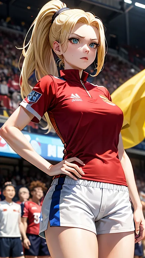 Yamanaka ino ,yellow hair ponytail, blue eyes, from the anime Naruto is wearing the Indonesian national football teams uniform. She is dressed in a red jersey with the Garuda emblem on the chest and white shorts. The background is the stadium. filled with ...