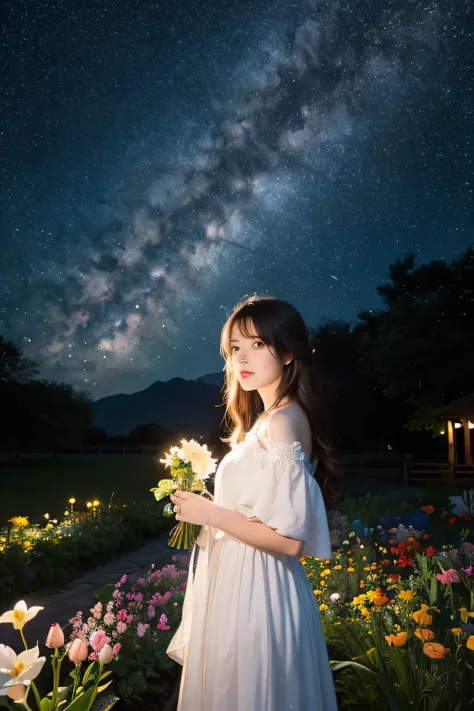 top quality, high_resolution, distinct_image, detailed background, girl, flower, garden, starry sky,