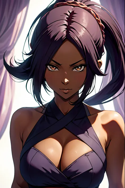 yoruichi shihouin, masterpiece), (portrait), medium breasts (aesthetics), a 32-year-old woman , romantic lighting that enhances ...