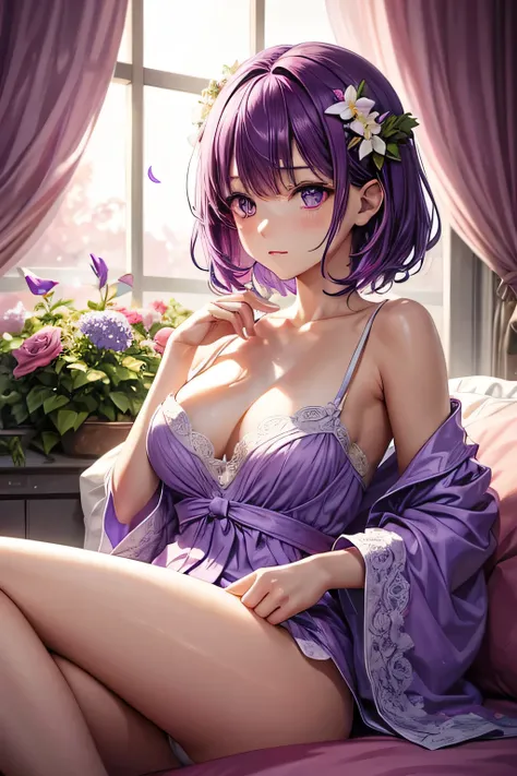 This character has vibrant pink short hair and purple eyes., with some delicate flowers stuck on the left side of the hair. And imagine this character with a more sad and thoughtful expression , indicating melancholy or sadness. She would be in her room, p...