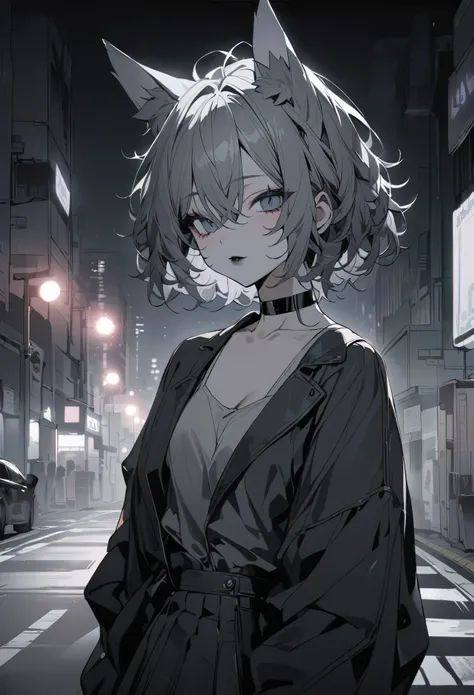 (masterpiece,Highest quality,Very detailed),One girl,dark black skirt,Black jacket, choker,short hair,Gray Hair,Thick Hair,Black lipstick,Messy Hair,Messy Hairstyle,uneven hair,(Fox Ears),Beautiful Eyes,on the road, night,(gray theme),(Pastel Color Theme),...