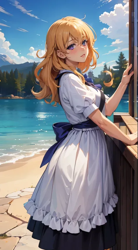 (best qualityer:1.3), (4K quality), Erina&#39;s story by Shokugeki, ((face detailed)), ((body curvy)), ((blush)), (big boobies), cleaveage, sexly, (((ass pov: curvy ass))), ((purple latex bikini)), ((beachfront))