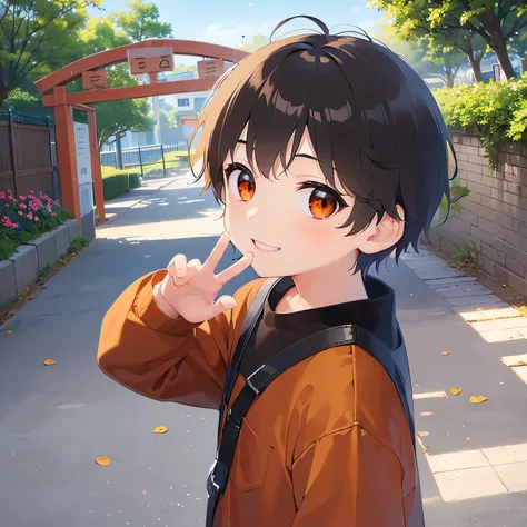 Turning around and waving、
、masterpiece、Highest quality、 (Short hair with brown bangs) and (Orange eyes) and (5 year old boy:1.5)、Boy,
（Black long sleeve shirt）、
smile,The background is the front gate of the kindergarten.