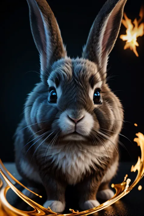 (Cute Rabbit), Ultra-detailed eyes, Blue Eyes, T-shirt design, Line art, Black background, super detailed art, Gorgeous face with attention to detail, Natural Skin, Splash, color splash art, Fire and Ice, Splash, Black ink, liquid melt, dream-like, Shine, ...