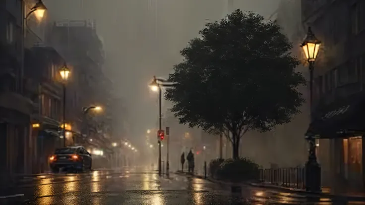 there is a street light that is on a Rainy Street, Midnight foggy streetlight, Rainy night city street, rainy urban streets, Foggy, voluminous lighting, Foggy light, Rainy night, Rainy night city, Rainy Street, Rainy night, Street lights, Midnight fog in t...