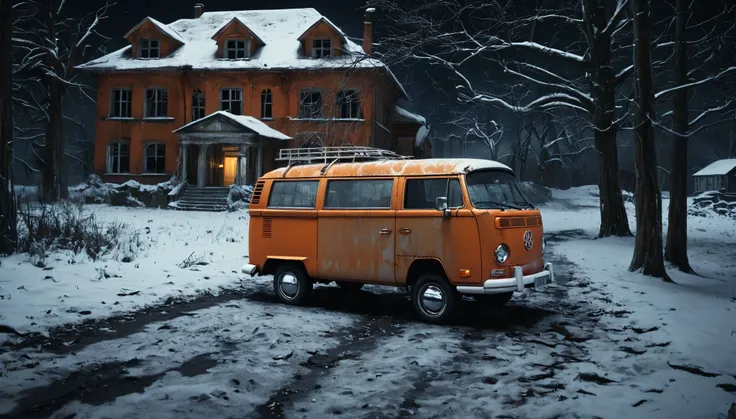 analog gloomy photo of an (orange) volkswagen kombi, ((haunted house:1.0)), (walking dead:1.0), zombie apocalypse, (abandoned town at (midnight)), (full moon), (winter), (snow), ((horror movie)), ((nighttime)), lost in the wood, ruins, dilapidated building...