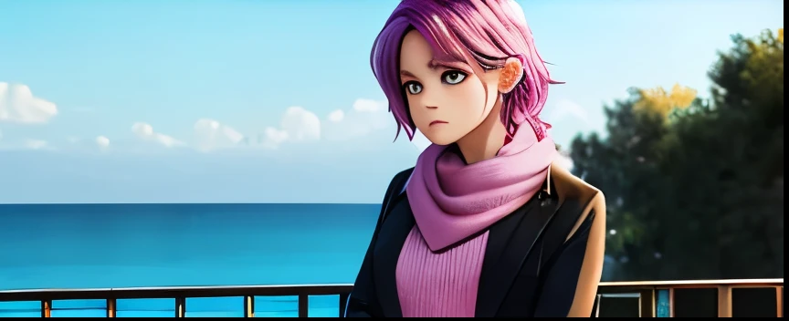 make a model image where the character has pink hair, wear a purple scarf wear a pink shirt with an eggplant in the middle