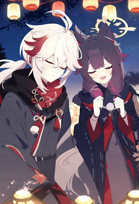 man and woman couple, couple, walking under the stars, at night, a little stuck, 1 girl, Columbina, multicilor hair, two color hair, colored inner hair, decoration for your hair, black fur, dark fur, with red outline, Closed eyes, 1 chico, Kaedehara Kazuha...