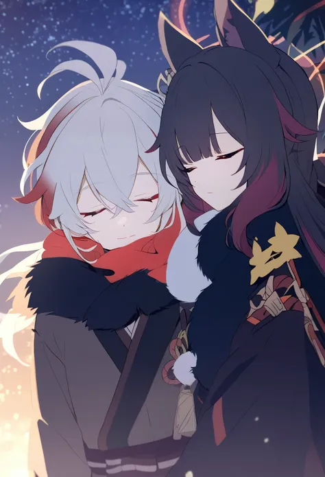 man and woman couple, couple, walking under the stars, at night, a little stuck, 1 girl, Columbina, multicilor hair, two color hair, colored inner hair, decoration for your hair, black fur, dark fur, with red outline, Closed eyes, 1 chico, Kaedehara Kazuha...