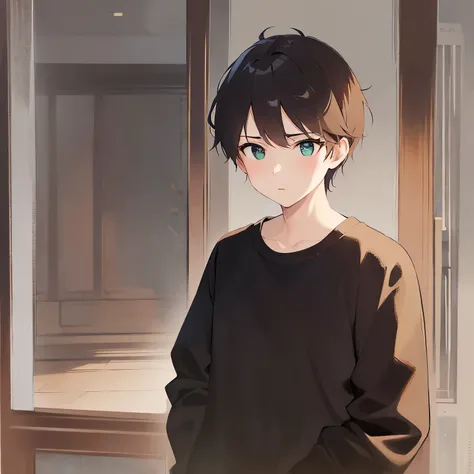 (looking away:1.5)、upper body、
masterpiece、Highest quality、
BREAK (25-year-old male:1.5) and (Mahogany brown short hair) and (Green Eyes)
 BREAK,Black long sleeve shirt、
Serious,Are standing、Background is bedroom at night、(alone:1.5)