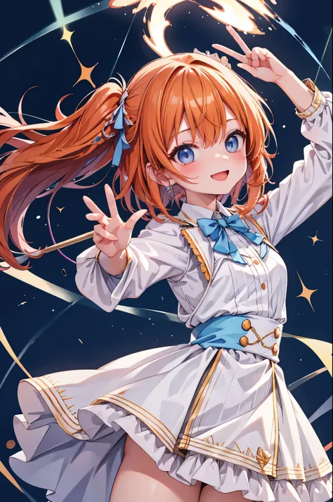 high resolution,smile,woman,woman1人,adult,cute,Holding the microphone with one hand, Orange Hair,BREAK, Light blue eyes,BREAK,Idol Uniform,BREAK,Facing forward,BREAK,Light blue background,