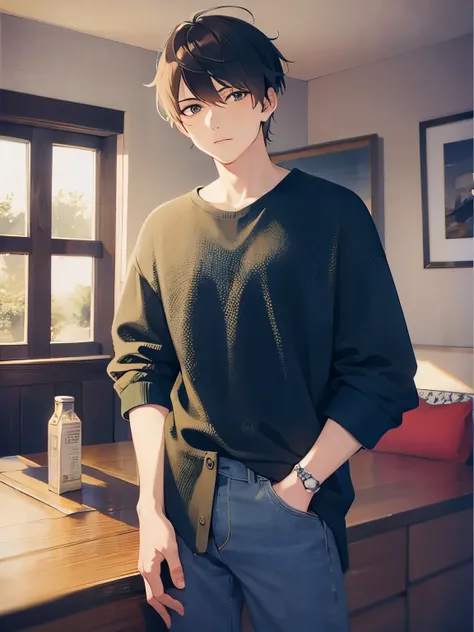 (looking away:1.5)、upper body、
masterpiece、Highest quality、
BREAK (25-year-old male:1.5) and (Mahogany brown short hair) and (Green Eyes)
 BREAK,（Black long sleeve shirt：1.5）、
Serious,Are standing、Background is bedroom at night、(alone:1.5)