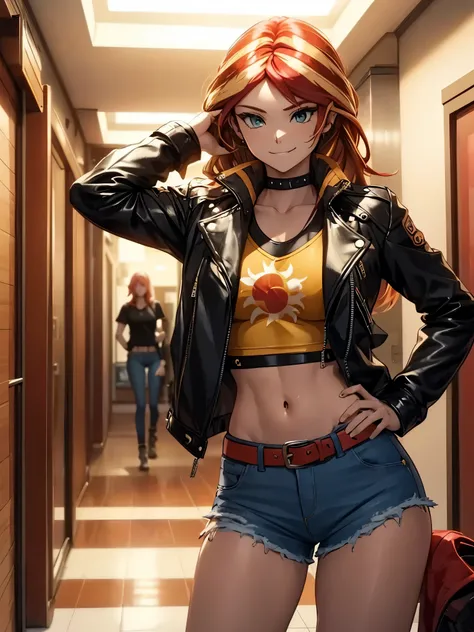 sunsethuman, female, two hair tones, red and yellow hair, stretching arms, leather jacket, short yellow shirt, lowcut jeans, toned stomach, midriff, smiling, in an apartment building hallway, hands in jacket pocket