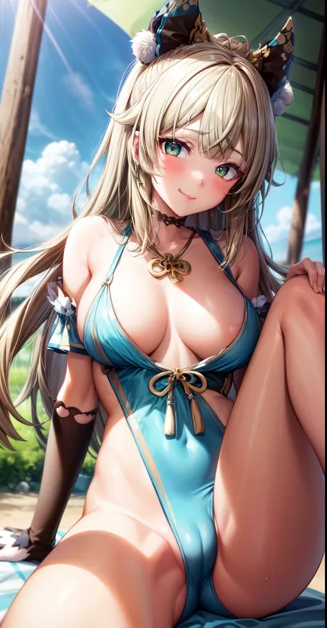 anime, Beautiful Face, Highly detailed face, (Highly detailed green eyes:1.2) , Highly detailed beach background, Best lighting, No Shadow, One girl, alone, Outdoor, Genshin Impact, Kirara, bangs, Beautiful long blonde hair, hair ornaments, Cat ear, Absurd...