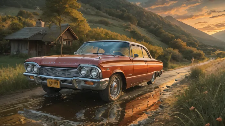 Create a hyper-realistic pencil drawing in the style of Diego Koi, featuring a vintage car with a balanced design of two headlights on each side. The car is a deep red 1960s Chevrolet Impala, positioned on a scenic country road during a sunset. The landsca...