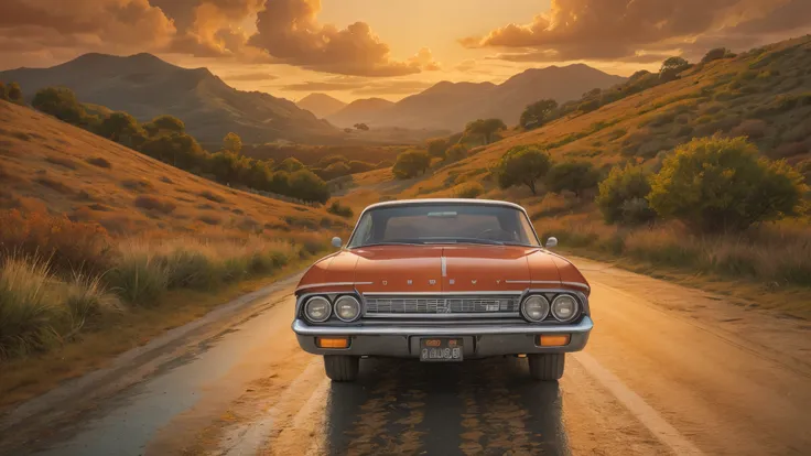 Create a hyper-realistic pencil drawing in the style of Diego Koi, featuring a vintage deep red 1960s Chevrolet Impala. The car, with its balanced design of two headlights on each side, is positioned on a scenic country road during a sunset. The landscape ...