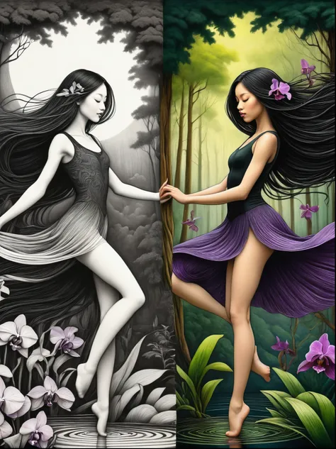 ((Inspired by John Kenn Mortensen)), (1 Dancer:1.3), Floating clothes, Flowing hair,Dynamic poses,

forest，orchid，Artwork should be in pencil sketch style，Transition from black and white on the left half to bright colors on the right half，Ensure seamless i...