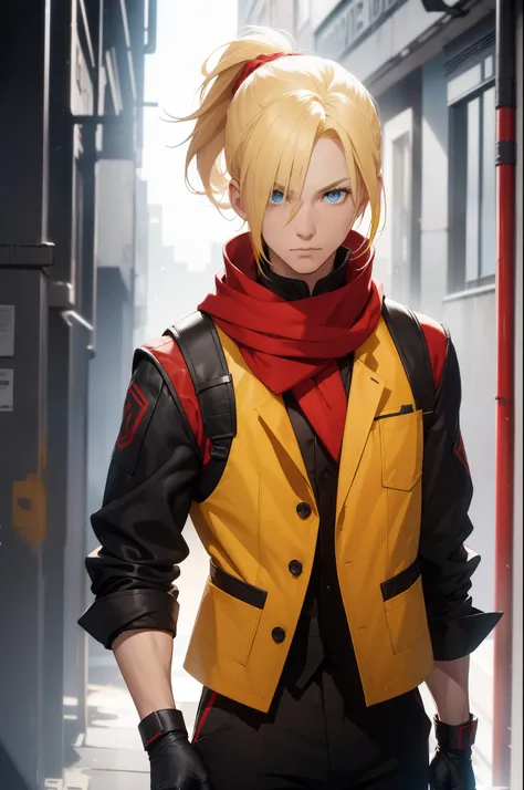 (26 years old), (male), Yellow hair, (Blue eyes), (Tied back ponytail, bang), red scarf, red vest, sleeveless, black pants, black gloves, slim, up to legs