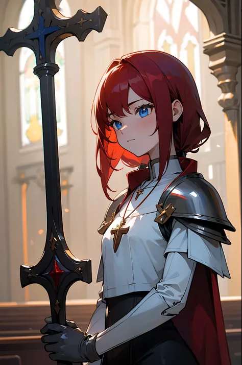 1female, girl, christian cross necklace, light armor, red hair, blue eyes, church interior background, holding a lance
