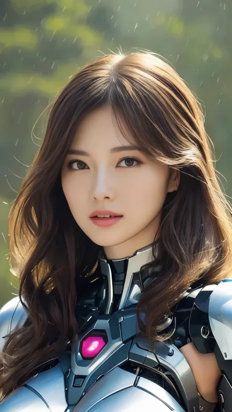 Face close-up，Beautiful and clear face(Rain Waves_Haneame：1.5)， Super Detail, Attention to detail, high quality, 最high quality, High resolution，Beautiful Female Robot,Mechanical body，Mechanical body structure,Full Body Tights(High-tech style)，Streamlined M...