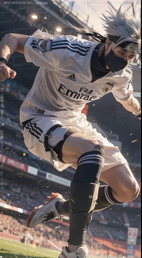 Hatake kakashi, Naruto shippuden, white hair, white real Madrid uniform, control a ball, stadium background, dettailed face, dettailed eyes, detailed hand, detailed hair, ultra realistic, ultra detailed, best quality, masterpiece.