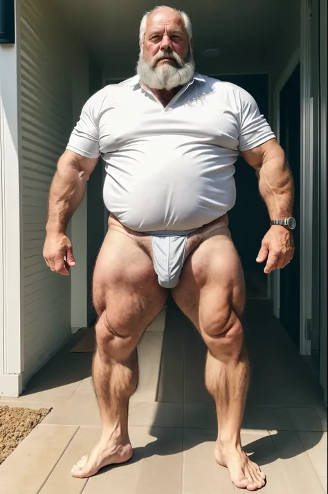 full body portrait, mature old man, silverdad, grandpa, virile, tough, stocky, fat, massive feet, (hairy), micro thong, penis bulge, barefoot, standing, intricate details