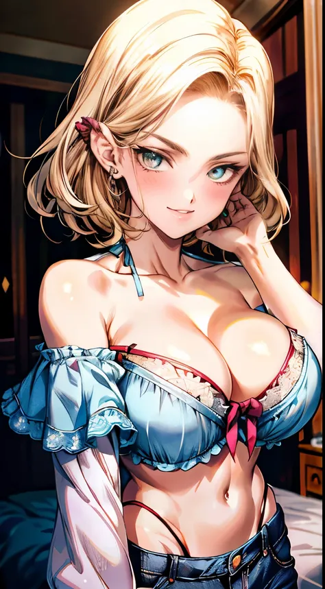 masterpiece， Highest quality， Very detailed， Absurd， Portrait Beautiful Android 18 DB， alone， 耳Nipple Ring， (bikini:1.5)，Wear underwear，gem， (Off-the-shoulder outfit:1.5)，Cleavage， Upper body close-up，smile， string， Best， cloud， empty， Day々， exterior，Denim...