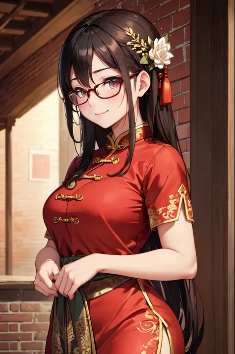 (High quality, High resolution, Fine details), standing in front of a brick wall, traditional Chinese dress, wearing glasses, solo, curvy adult women, sparkling eyes, (Detailed eyes:1.2), smile, blush, Sweat, Oily skin, Soft tones, shallow depth of field