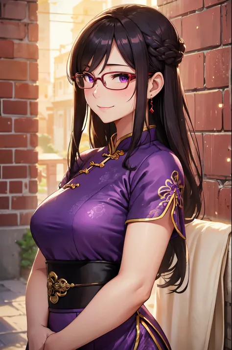 (High quality, High resolution, Fine details), standing in front of a brick wall, traditional purple Chinese dress, wearing glasses, solo, curvy adult women, sparkling eyes, (Detailed eyes:1.2), smile, blush, Sweat, Oily skin, Soft tones, shallow depth of ...