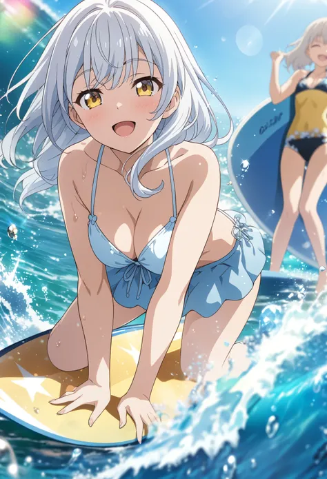 ((Two Girls)), Standing on a surfboard, ((Surfing on a big wave)), masterpiece, Highest quality, Highly detailed CG Unity 8K wallpapers, High School Girl Anime Illustration. Please wear a cute bikini swimsuit.., Piece Pose, She closes her eyes and opens he...