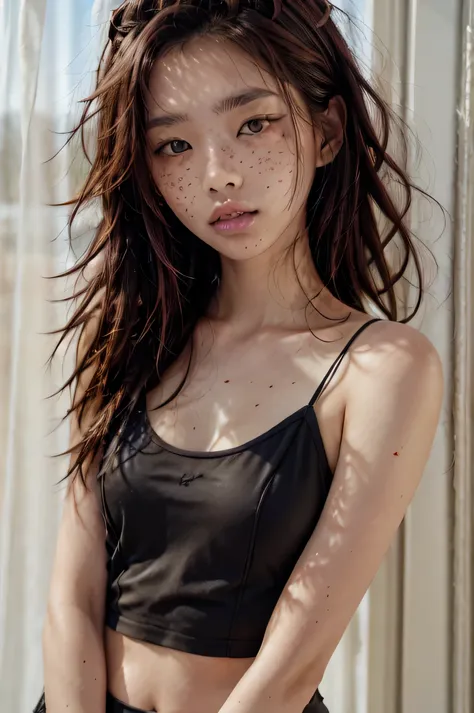 (masterpiece, best quality:1.2), 1girl, solo, asian, woman, freckles, black unederwear, skinny