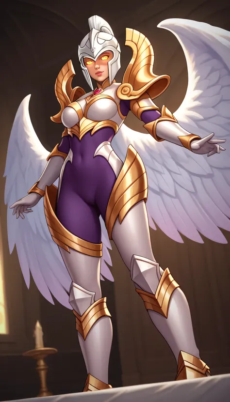 Legs open, Kyle Lowe LXL, Glowing eyes, Yellow eyes, White Babut Helmet, Medium breasts, White Wings, White Armor, Gold Decorated Armor, Golden shoulder blade, Arm armor, White gloves, white breastplate, Purple tights, White leg nails, White Armored boots,...