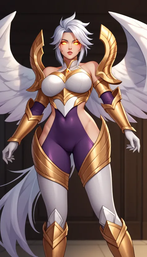 Raise your thighs to your shoulders, Kyle Lowe LXL, Glowing eyes, Yellow eyes, White Babut Helmet, Large Breasts, White Wings, White Armor, Gold Decorated Armor, Golden shoulder blade, Arm armor, White gloves, white breastplate, Purple tights, White leg na...