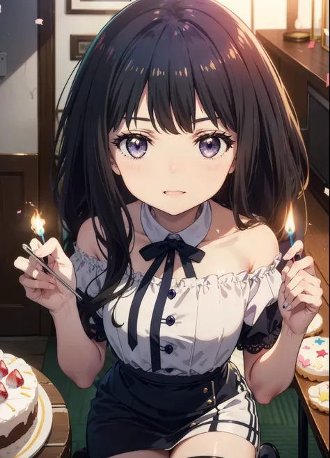 Takiuchikami, Long Hair, bangs, Black Hair, (Purple eyes:1.2),
smile,blush,Please open your mouth wide,Blue off-shoulder dress,Short sleeve long skirt,Stiletto heels,Birthday cake with lit candles,
,There is a round birthday cake on the desk..,Confetti,cra...