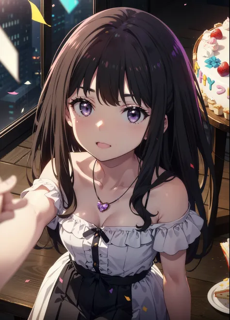 Takiuchikami, Long Hair, bangs, Black Hair, (Purple eyes:1.2),
smile,blush,Please open your mouth wide,Blue off-shoulder dress,Bare shoulders,bare clavicle,Bare neck,Heart Necklace,Short sleeve,Long skirt,Stiletto heels,There is a round birthday cake on th...