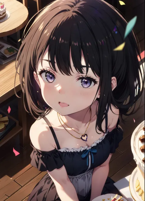 Takiuchikami, Long Hair, bangs, Black Hair, (Purple eyes:1.2),
smile,blush,Please open your mouth wide,Blue off-shoulder dress,Bare shoulders,bare clavicle,Bare neck,Heart Necklace,Short sleeve,Long skirt,Stiletto heels,There is a round birthday cake on th...