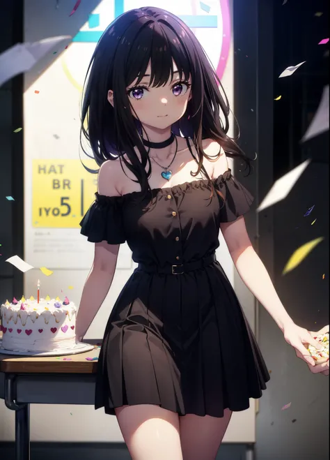 Takiuchikami, Long Hair, bangs, Black Hair, (Purple eyes:1.2),
smile,blush,Please open your mouth wide,Blue off-shoulder dress,Bare shoulders,bare clavicle,Bare neck,Heart Necklace,Short sleeve,Long skirt,Stiletto heels,There is a round birthday cake on th...