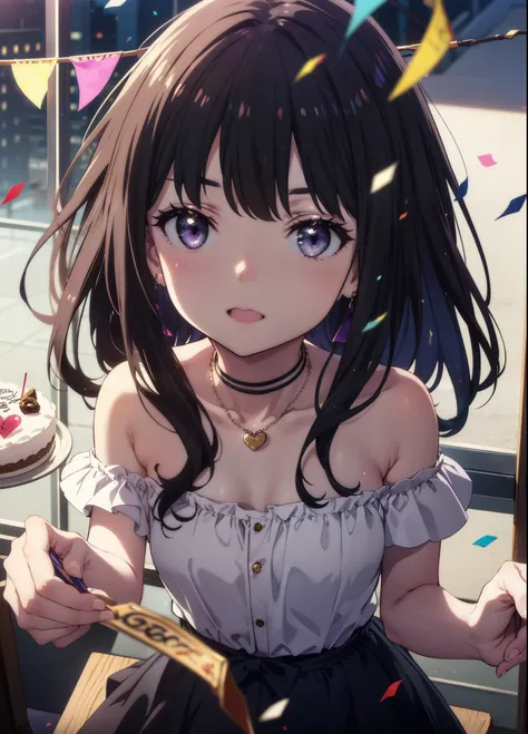 Takiuchikami, Long Hair, bangs, Black Hair, (Purple eyes:1.2),
smile,blush,Please open your mouth wide,Blue off-shoulder dress,Bare shoulders,bare clavicle,Bare neck,Heart Necklace,Short sleeve,Long skirt,Stiletto heels,There is a round birthday cake on th...