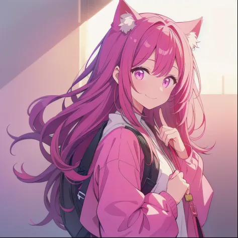 one girl、simple background、smile、cat ear、long hair、pink