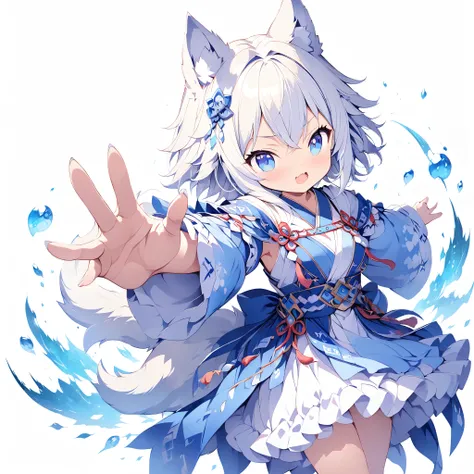 Little, (masterpiece:1.2), (Highest quality:1.2), Ultra-high resolution, Very detailed, Perfect lighting, Wolf Girl, White Hair, Blue national costume, Otherworldly fantasy, cute, Dynamic Angle, Dynamic pose, Accurate Fingers,White background,Digital anime...