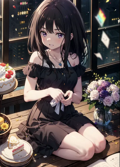 takiuchikami, long hair, bangs, black hair, (purple eyes:1.2),
smile,blush,please open your mouth wide,blue off-shoulder dress,b...