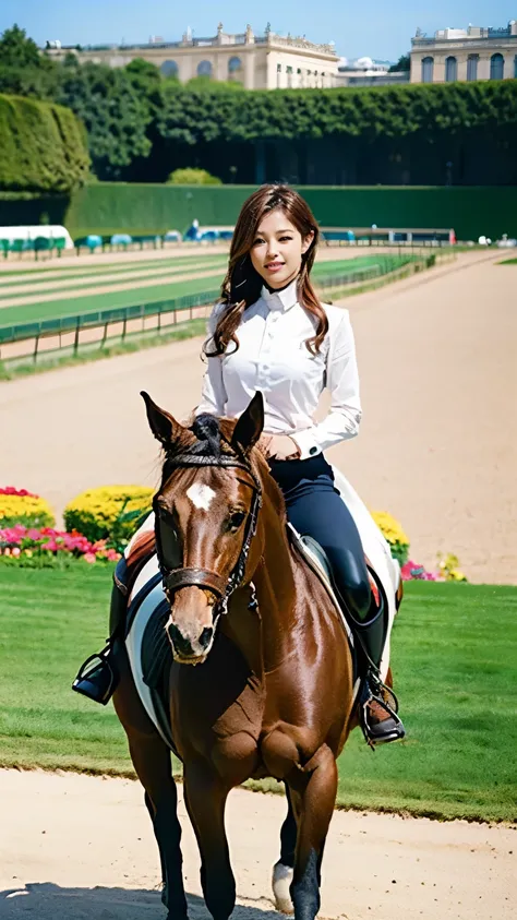 (((Beautiful women boxer))),(((Perfect Anatomy))),(((The large Olympic equestrian arena, with stadiums and seating set up in the magnificently beautiful gardens of the Palace of Versailles, where equestrian events are held, is packed with spectators as far...