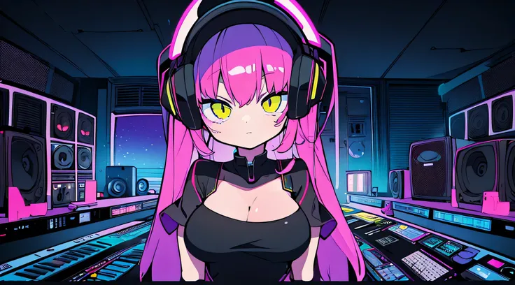 Best quality, (masterpiece), best detail face,1 girl, a little big breasts, 18 yo, 8k,absurdres,unity 8k wall paper,(extremely detailed:1.3), highest realistic, (retro headphones:), (soft neon light:), (psychedelic), Her room full of music equipment and re...